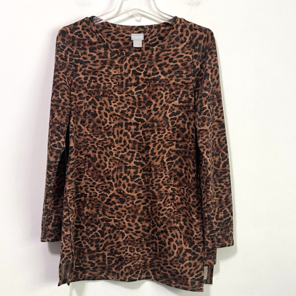 Chicos Tunic Top 0 Small Animal Leopard Brown Long Sleeve Shirt Trendy‎ Work